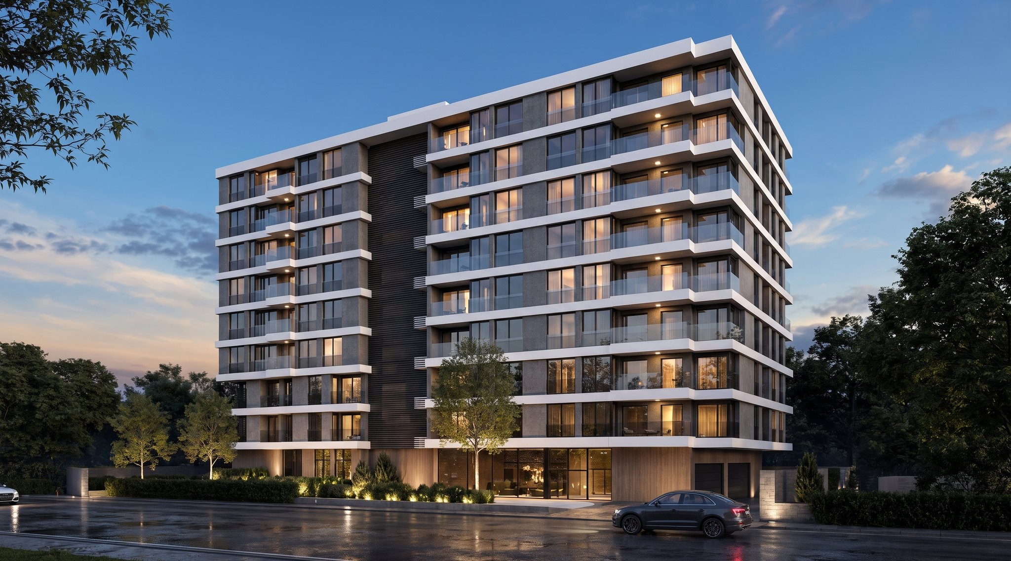 An Adivia residence in Varna at dusk, apartments lit